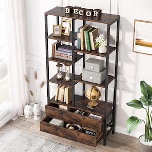 Eulas 66.9 in. Rustic Brown Wood 7-Shelf Standard Bookcase 2-Drawers Home Office 31.49 in. W x 11.81 in. D x 66.92 in. H