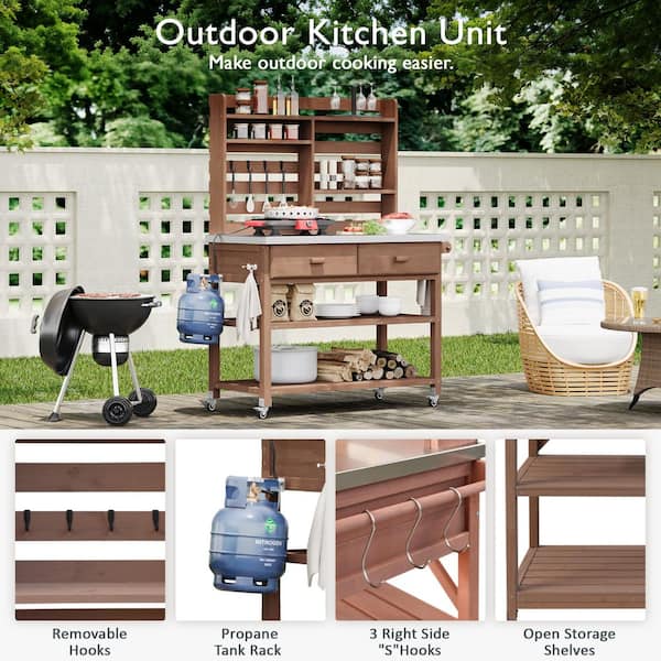 Unbranded - 47.5 in. W x 64.9 in. H Brown Potting Bench with Stainless Steel Top, Lockable Wheels and Drawers (52 in. Pack Length)