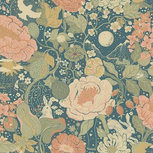 Blue Vaxa Teal Rabbits and Rosehips Wallpaper Sample