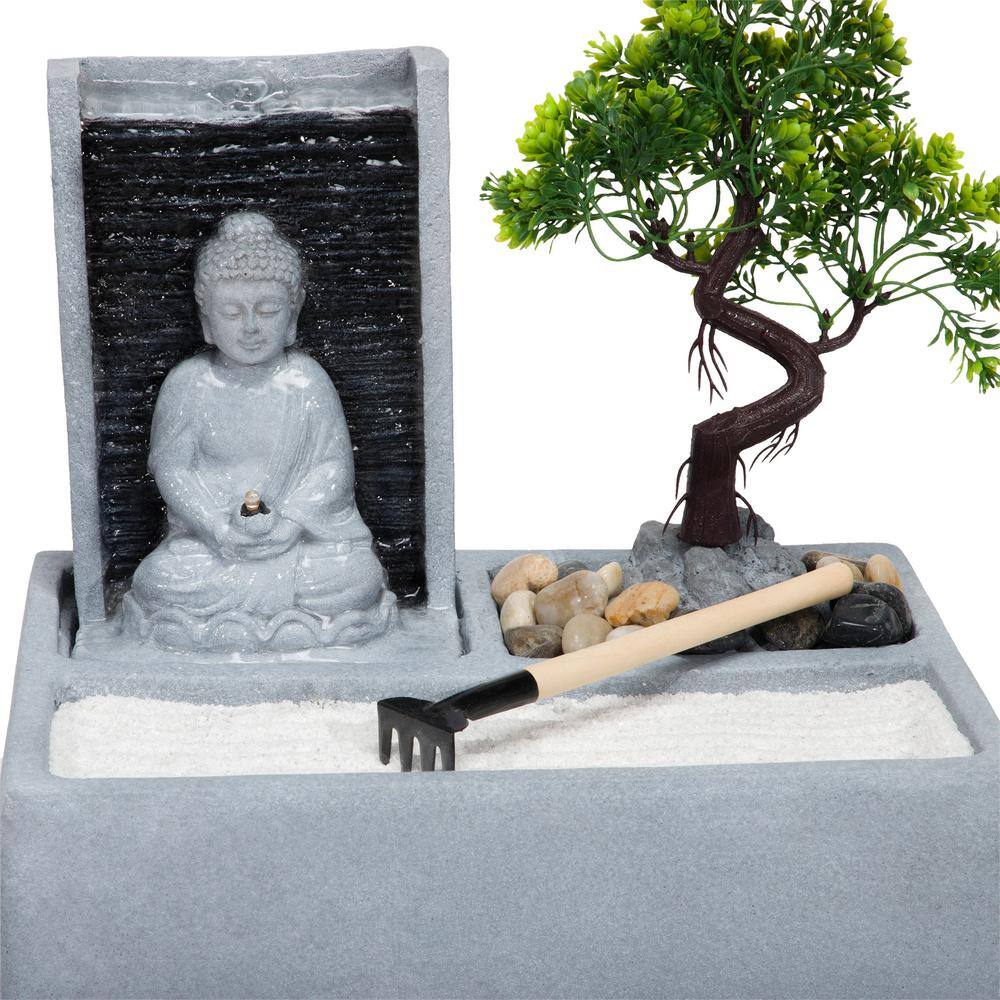 Gray Cement Buddha Bonsai Garden Tabletop Fountain with LED Light