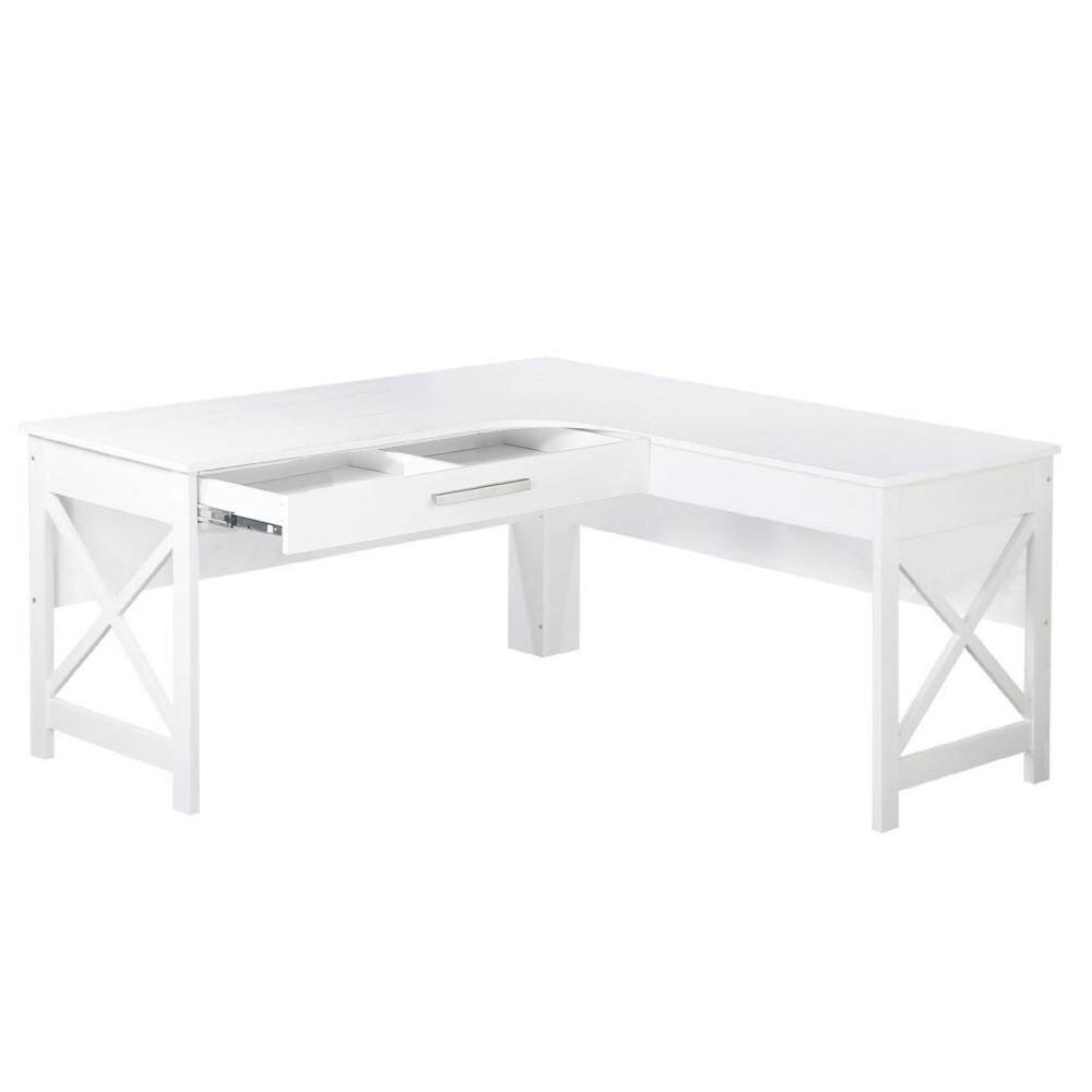White Wood L-Shaped Corner Desk with Drawer