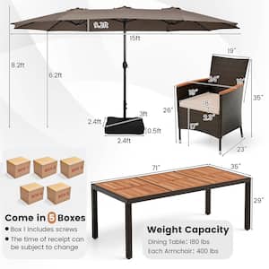 Brown 11-Piece Metal Rectangle 29 in. Outdoor Dining Set with 15 ft. Coffee Double-Sided Patio Umbrella in Beige Cushion