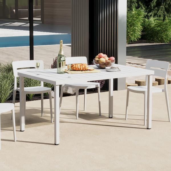 Frond and Form Modern Outdoor Patio 59 in. x 35.4 in. Rectangular Iron Dining Table, White