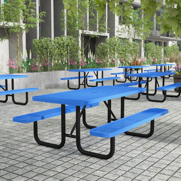 Mantill 61.75 in. Blue Rectangle Steel Outdoor Picnic Tables Seats 6 People Without Umbrella Hole