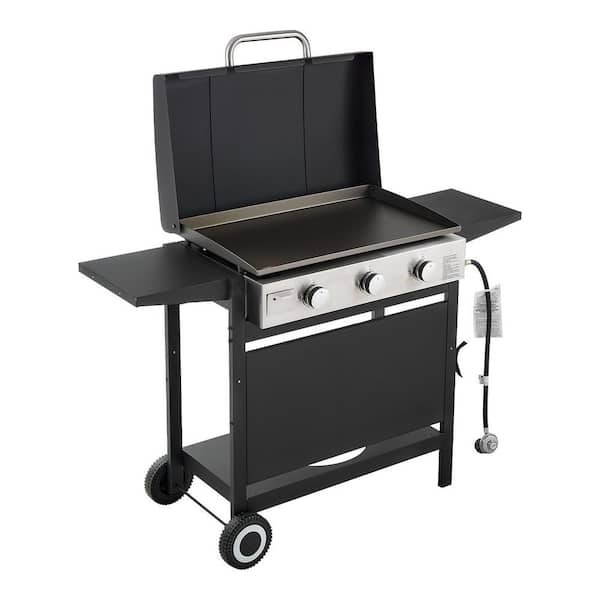 Gas Griddle 3-Burner Flat Top Grill, Propane Griddle/ Wheels/Lid 3 x 11000BTU Outdoor Pulse Ignition Removable Top Black