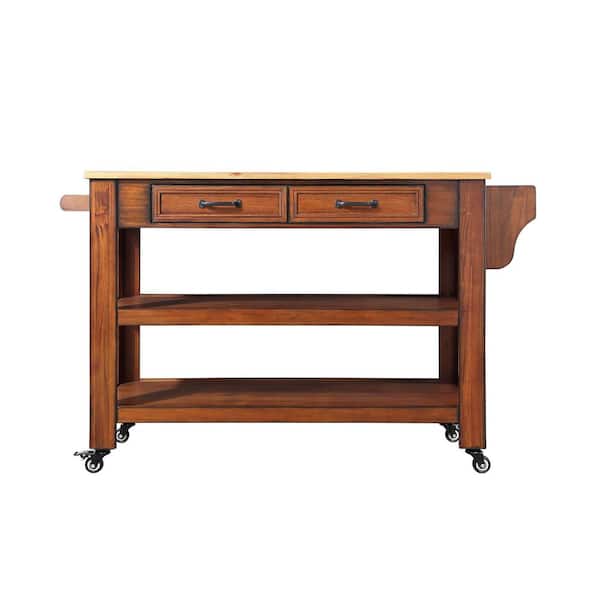 Boosicavelly 57.09 inch Walnut Wood Kitchen Cart with Solid OAK Wood Top and Wine and Spice Rack and 2-Drawers