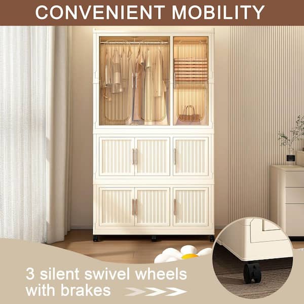 62.2 in. H x 36.22 in. W x 17.72 in. D White Portable Closet Storage Organizer with Magnetic Doors, Hanging Rod