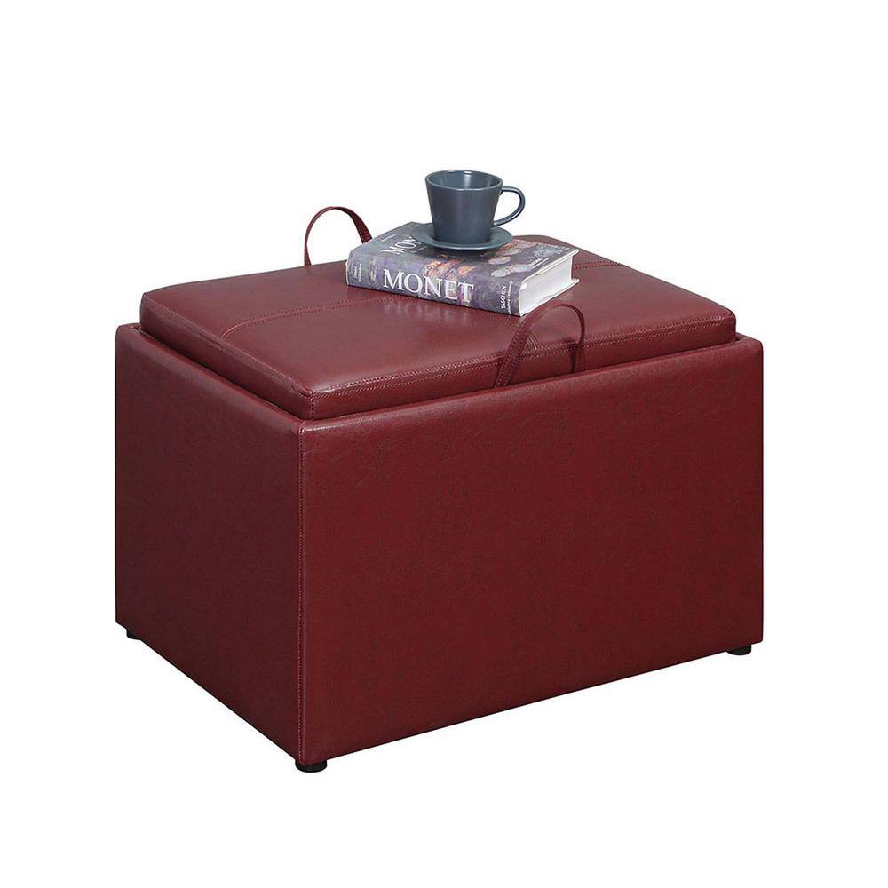 Burgundy Faux Leather 23" Modern Storage Ottoman with Tray