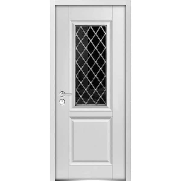 VDOMDOORS 36 in. x 80 in. 1 Panel Right-Hand/Inswing 1 Lite Tinted Glass White Finished Steel Prehung Front Door with Handle