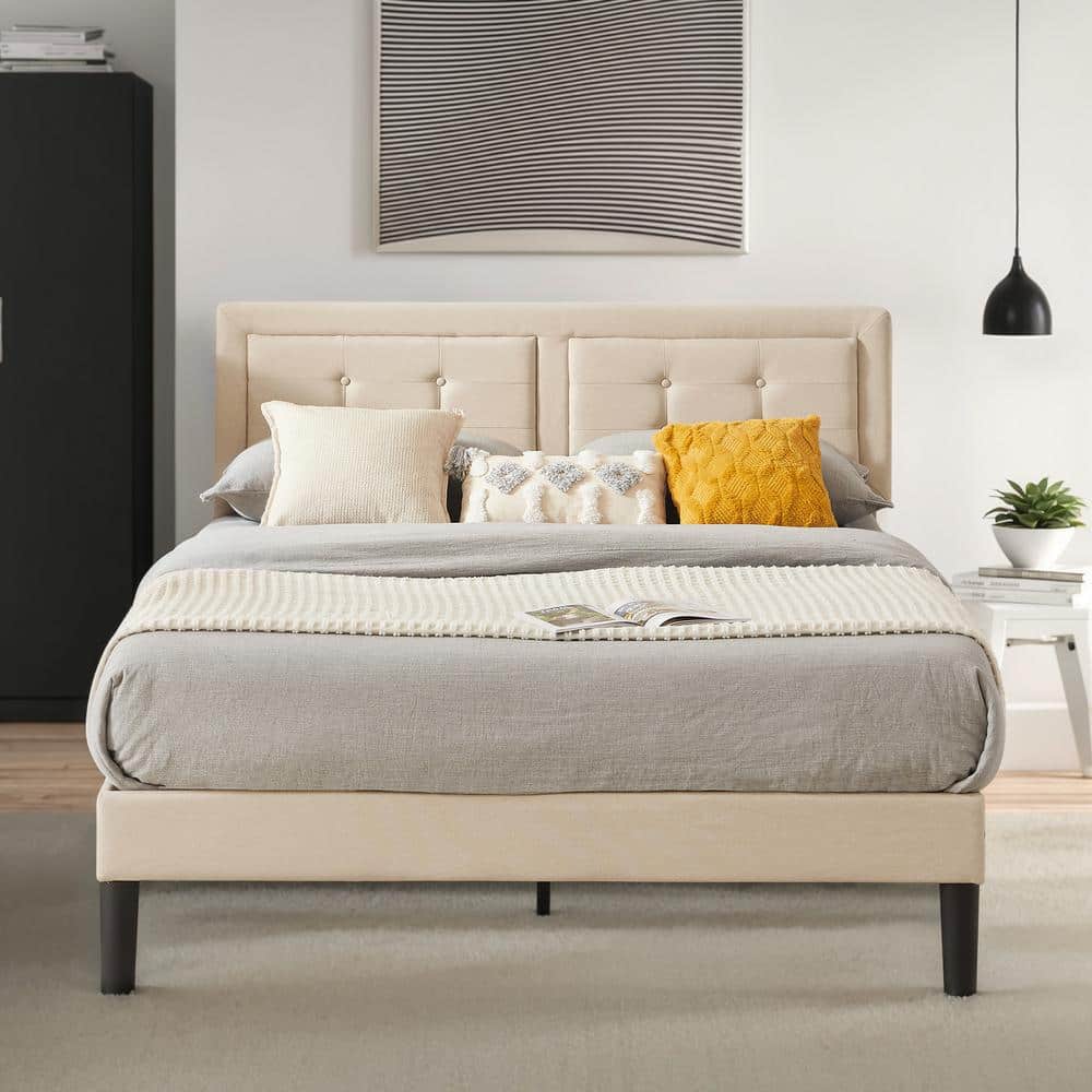 VECELO Upholstered Premium Platform Bed Frame ,60.4 in.W,Beige Queen Metal + Wood Frame With Adjustable headboard Platform Bed KHD-BTJ-RQ01-BGE - The VECELO Upholstered Premium Platform Bed Frame ,60.4 in.W,Beige Queen Metal + Wood Frame With Adjustable headboard Platform Bed KHD-BTJ-RQ01-BGE - The