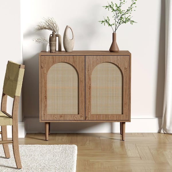 JAYDEN CREATION Roderick Oak 30.2 in. Tall 2-Rattan Door Accent Storage Cabinet Sideboards with Adjustable Shelves