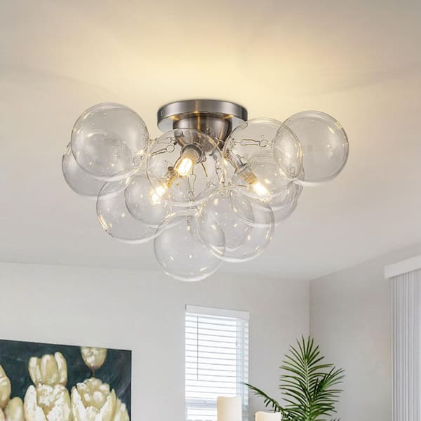 HUOKU Orbis 18 in. W 3-Light Modern Nickel Semi-Flush Mount Dimmable Cluster Froyer Ceiling Light with Clear Glass Shade