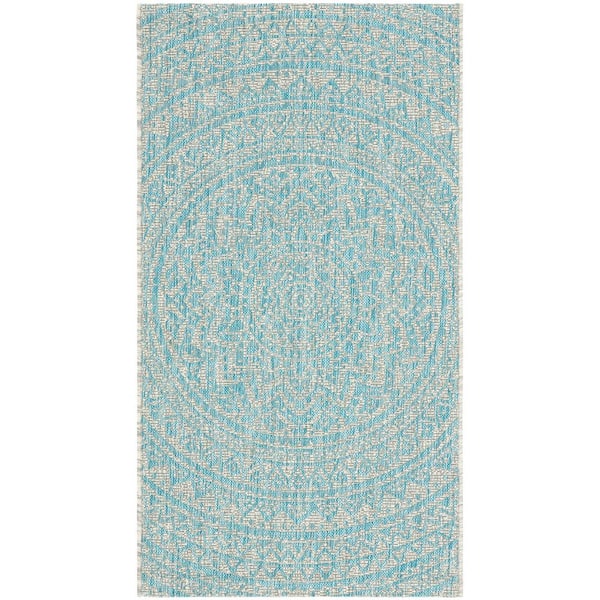 Courtyard Light Gray/Aqua 3 ft. x 5 ft. Medallion Indoor/Outdoor Area Rug