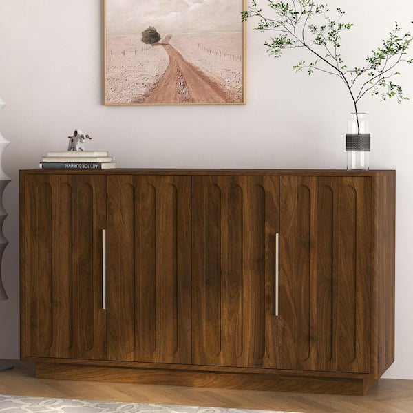 Modern 55.1 in. W Brown MDF Wood Buffet Sideboard Cabinet with Adjustable Shelves and Fluted Doors