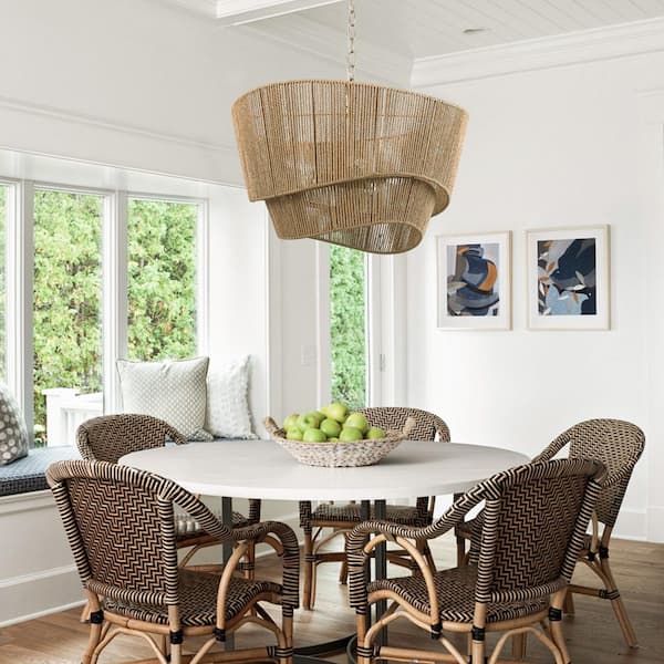 5-Light 40 in. Brown Rattan Farmhouse Tiered Dimmable Chandeliers Dining Kitchen Ceiling Lights Foyer Bedroom Lighting