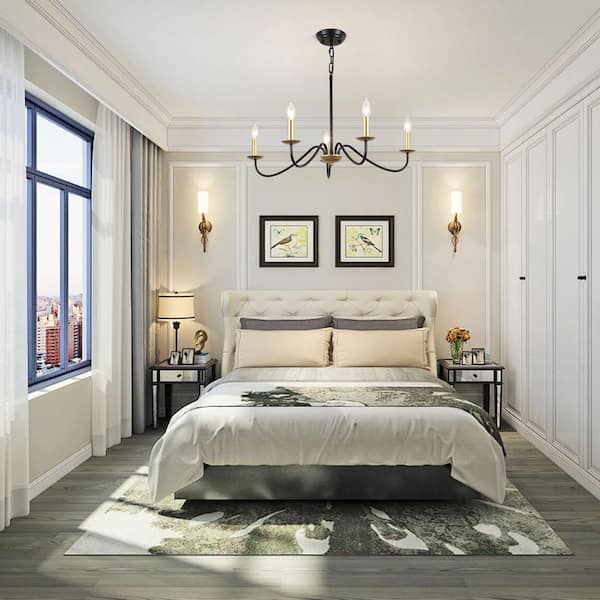 5-Light Black and Gold Modern Candlestick Hanging Linear Chandelier Lighting for Kitchen Island