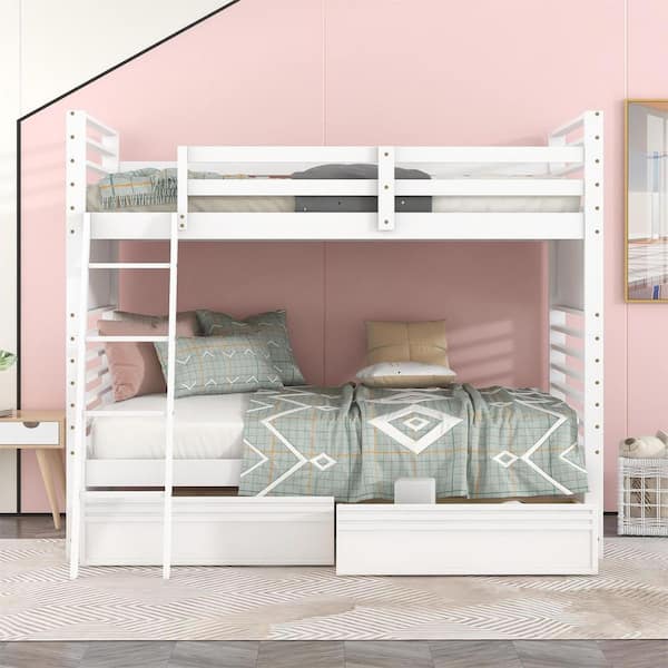 Polibi White Twin Over Twin Wood Bunk Bed with 2-Drawers
