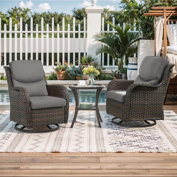 Crescent 3-Piece Brown Wicker Swivel Outdoor Rocking Chairs Patio Conversation Set with CushionGuard Gray Cushions