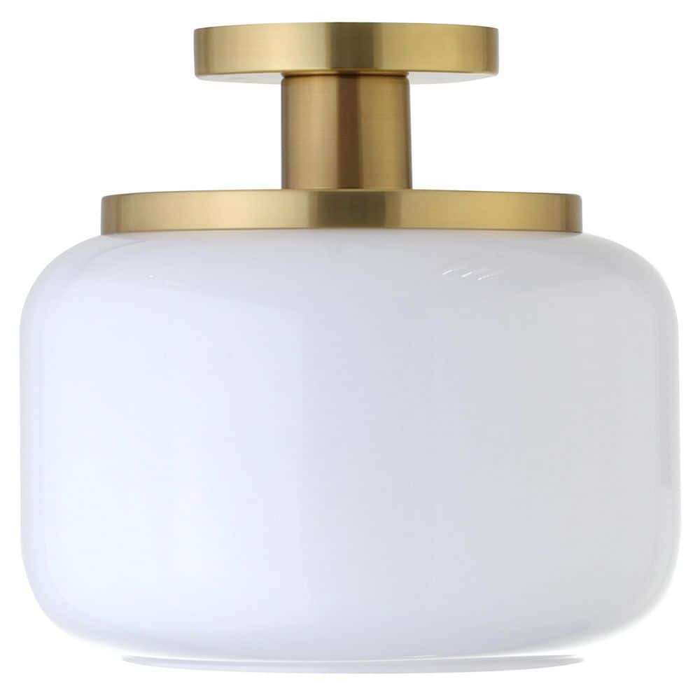 Brushed Brass and White Glass Drum Semi Flush Mount