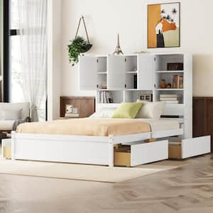 White Wood Frame Queen Size Platform Bed with Cabinets, Shelves, and 4 Drawers