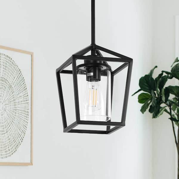1-Light Matte Black Modern Farmhouse Cage Lantern Pendant Light with Clear Glass Shade, perfect for Dining Room