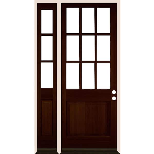 Krosswood Doors 50 in. x 96 in. Farmhouse 9-Lite Clear Glass Left-Hand Red Mahogany Stain Hemlock Wood Prehung Front Door w/ LSL