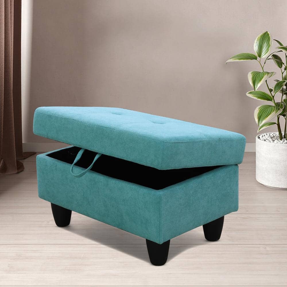 28.5 in. W Teal Blue Flannel Polyester Blend Rectangle Ottoman with Storage
