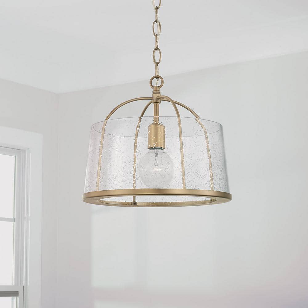 Aged Brass and Clear Seeded Glass Drum Pendant Light