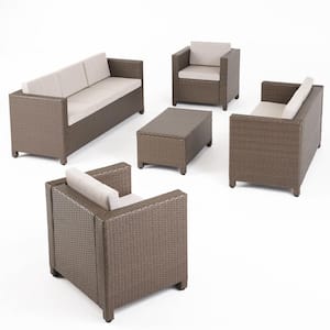 Puerta Brown 5-Piece Metal Patio Conversation Seating Set with Ceramic Grey Cushions