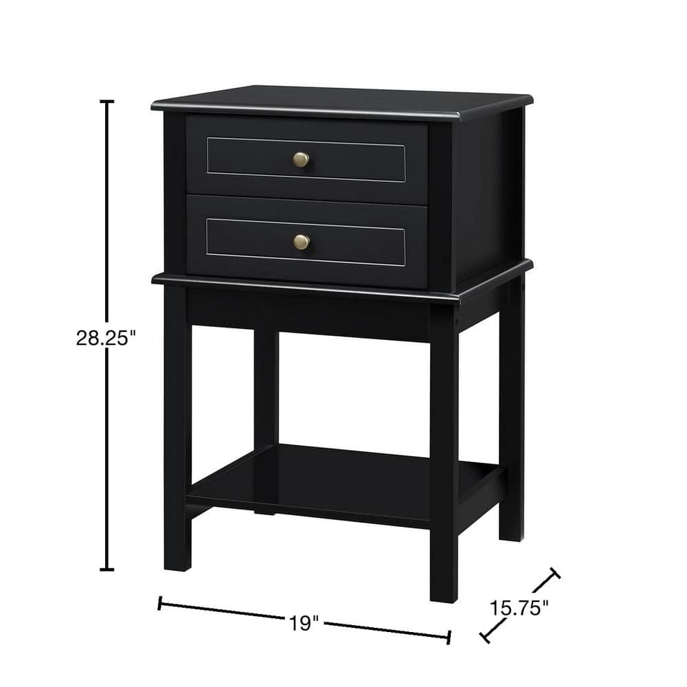 Modern Black Wood Side Table with Dual Storage Drawers and Shelf