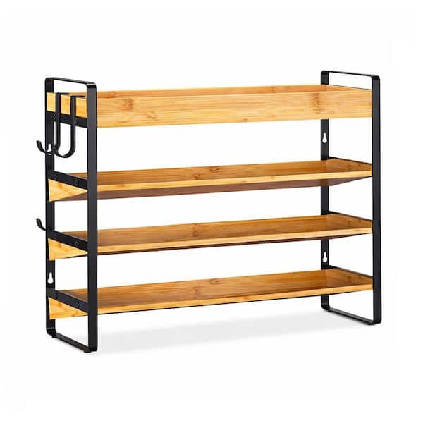 Natural Finish 4-Tier Spice Rack Drawer Organizer with Iron Frame Hooks Wall Mount Freestanding Kitchen Storage