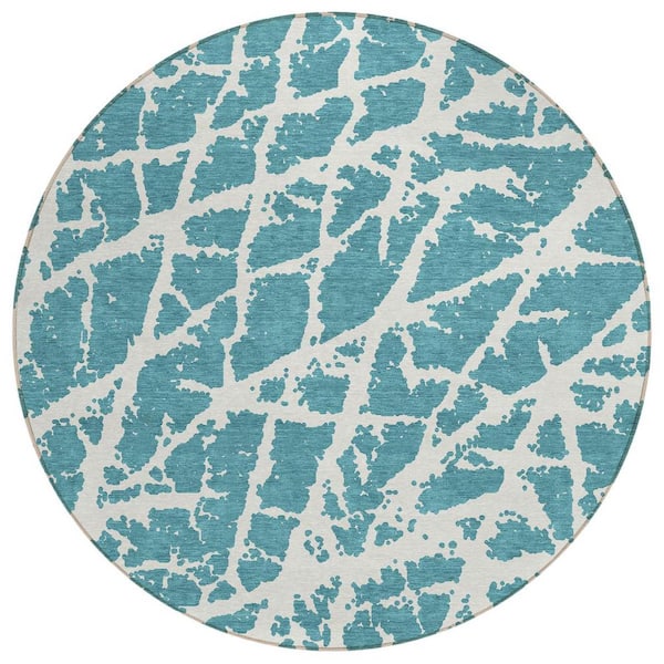 HomeRoots Teal 8 ft. Round Abstract Indoor / Outdoor Area Rug