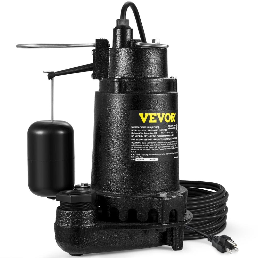 Submersible Sewage Pump 1HP 5770GPH Cast Iron Sewage Water Pump 34 ft. Lift 10 ft. Power Cord and Automatic Float Switch
