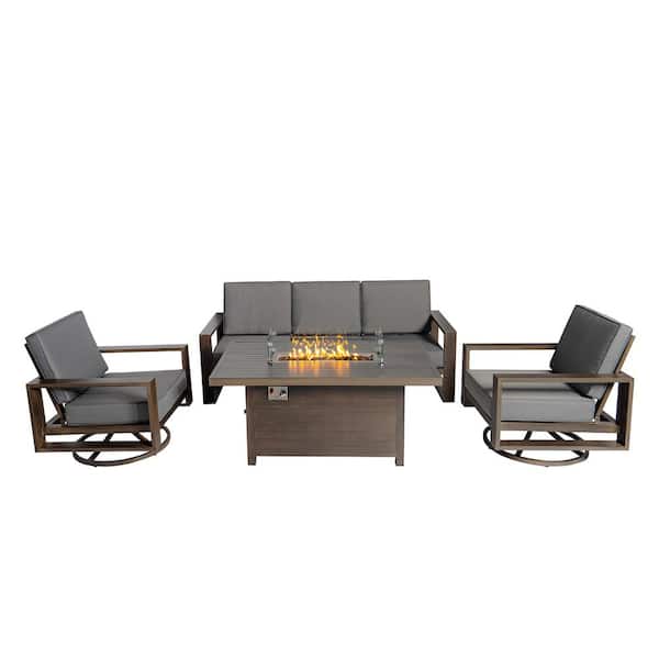 PATIOPTION Aluminum Patio Conversation Set with Gray Cushions and 55.12 in Fire Pit Table Sofa Set - 2 Swivel plus 3-Seater Sofa