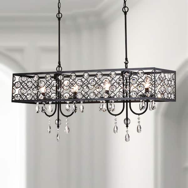Maxax Indianapolis 4-Light 36.6 In. Black Crystal Modern Rectangle Dimmable Chandeliers Dining Kitchen Foyer Lighting