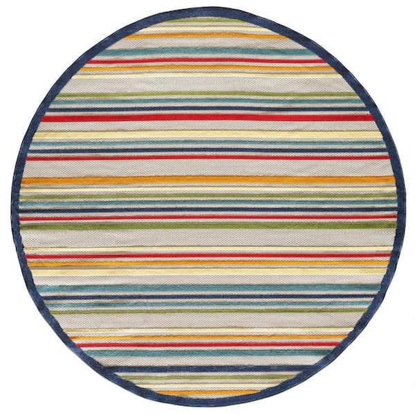 Ivory, Blue 8 ft. Round Woven Polypropylene Round Indoor/Outdoor Area Rug