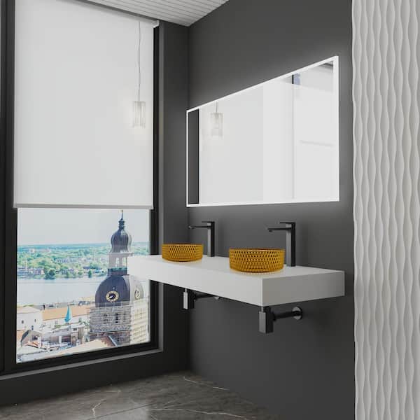 60 in. Wall Mounted Bathroom Countertop Shelf in White Solid Surface with 2 Gold Round Glass Vessel Sink