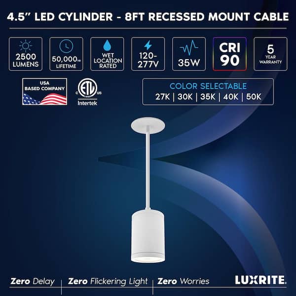 4.5 In. 1-Light White LED Cylinder LED Hardwired Pendant Light, 8FT Recessed Mount, 5CCT, 2500LM, 35W, Dimmable IC Rated