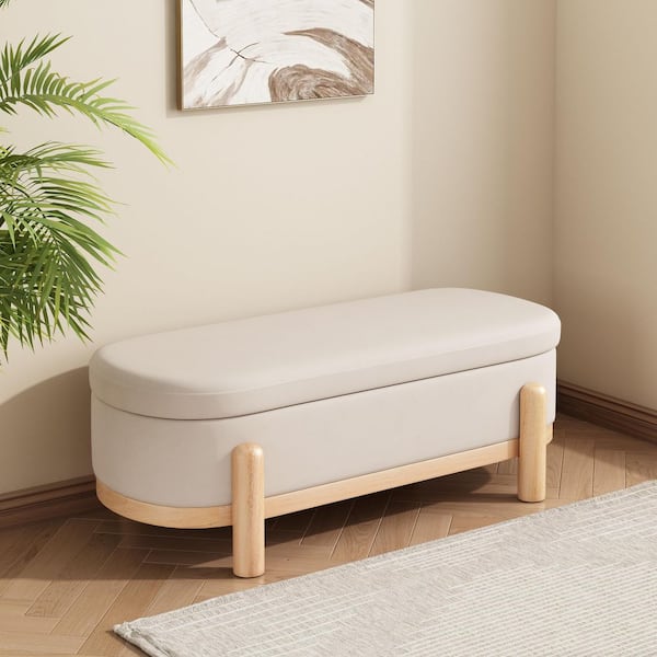 Baldwin Modern Beige Faux Leather Upholstered Oval Accent Ottoman Storage Bench, Natural Wood Legs