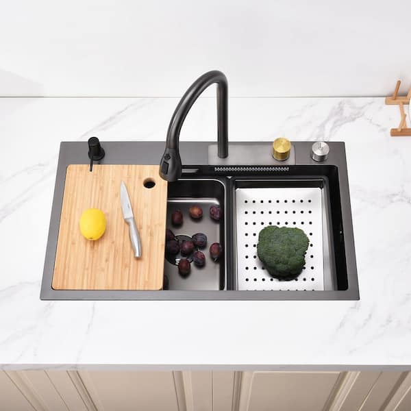 29.5 in. Drop-in Single Bowl Stainless Steel Waterfall Kitchen Sink in Black with Cutting Board and Pull-Down Faucet