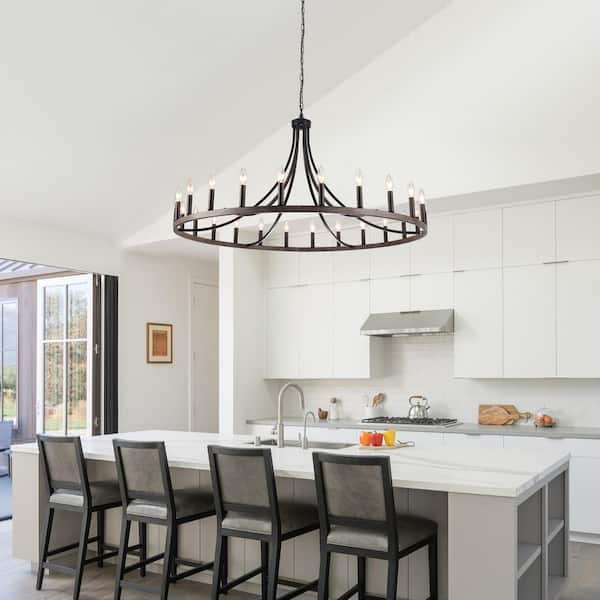 24-Light Farmhouse Natural Candlestick Circle Hanging Wagon Wheel Chandelier Lighting Fixture for Kitchen Island