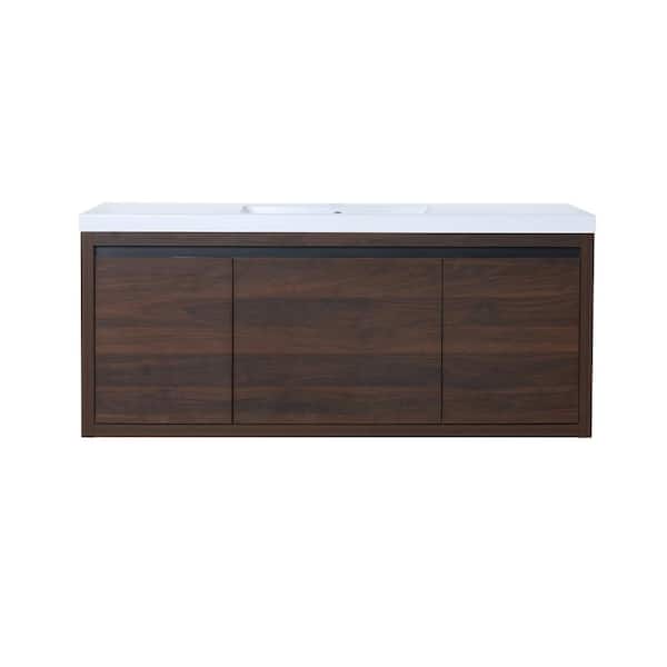 48 in. Wall-Mounted Single Brown Bath Vanity with White Resin Vanity Top Assembled