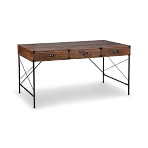 59 in. Rectangular Brown 3 Drawer Writing Desk with Built-In Storage