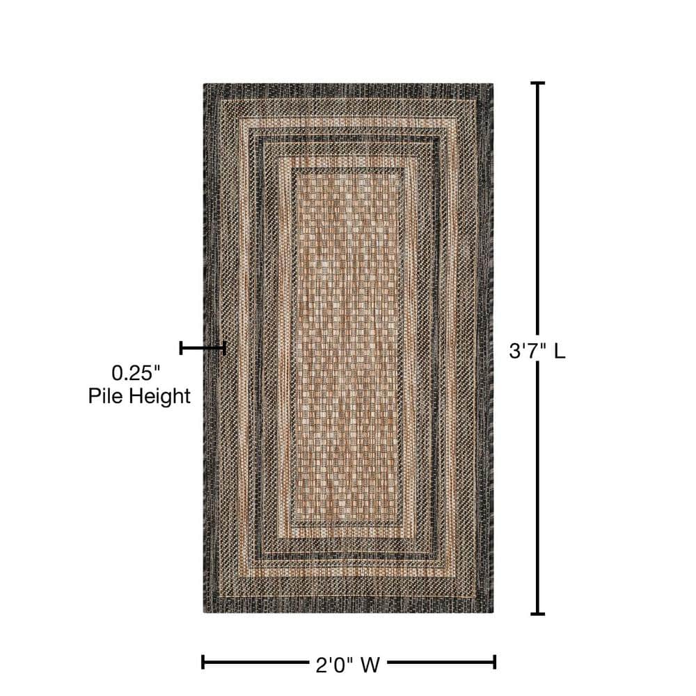Natural and Black Rectangular Washable Synthetic Area Rug
