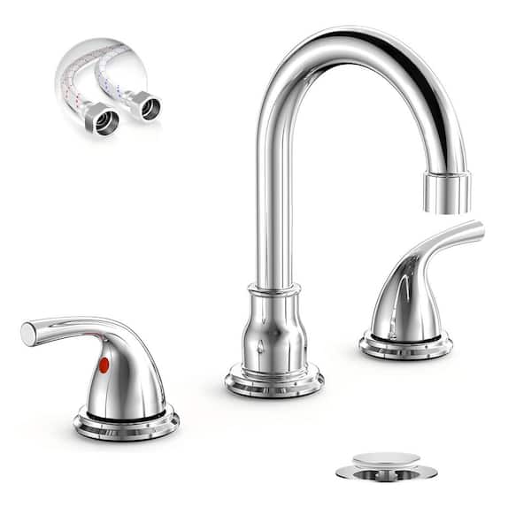 8 Inch 3 Hole Chrome Bathroom Sink Faucet, 2 Handle Widespread Bathroom Faucet with Metal Pop up Drain