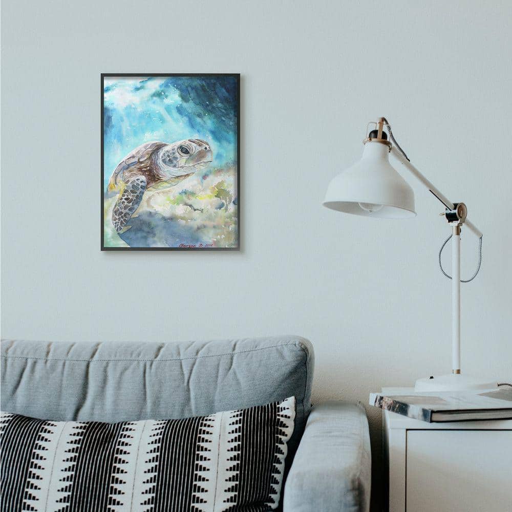 Sea Turtle Blue Watercolor Canvas Print with Black Frame, 16x20