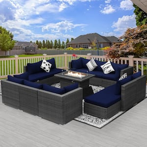 Large Gray 13-Piece 12-Seats Wicker Patio Fire Pit Sofa Set with Navy Blue Cushions Ottomans and 43 in. Fire Pit Table