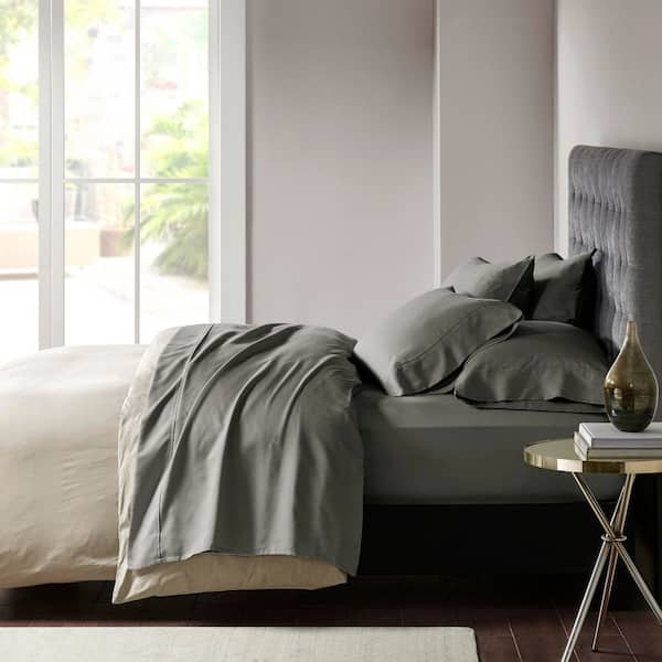 800 Thread Count 7-Piece Charcoal Cotton Blend Split King Sateen Sheet Set