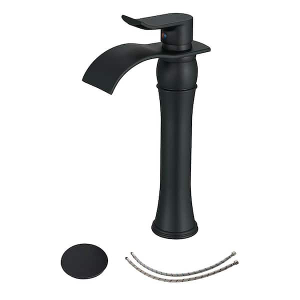 Unbranded Single Handle Single Hole Waterfall Bathroom Vessel Sink Faucet with Pop-Up Drain Assembly Included in Matte Black