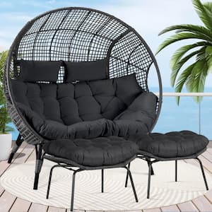 2-Person Gray Double PE Wicker Outdoor Lounge Egg Chair with Gray Cushion and 2 Pcs Ottoman